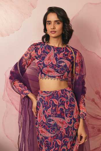 Buy Vana Ethnics Purple Chiffon, Lurex Round Neck Paisley Print Fishcut Lehenga Set Online at Aza Fashions Buy_Vana Ethnics_Purple Chiffon, Lurex Round Neck Paisley Print Fishcut Lehenga Set _Online_at_Aza_Fashions