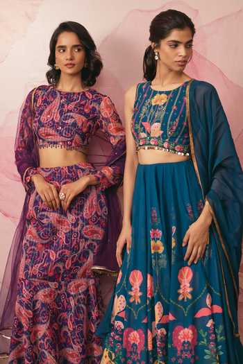 Shop Vana Ethnics Purple Chiffon, Lurex Round Neck Paisley Print Fishcut Lehenga Set Online at Aza Fashions Shop_Vana Ethnics_Purple Chiffon, Lurex Round Neck Paisley Print Fishcut Lehenga Set _Online_at_Aza_Fashions
