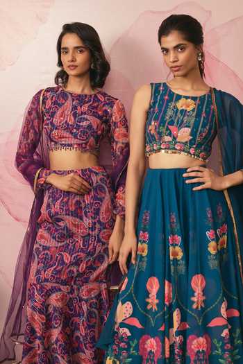 Vana Ethnics Purple Chiffon, Lurex Round Neck Paisley Print Fishcut Lehenga Set at Aza Fashions Vana Ethnics_Purple Chiffon, Lurex Round Neck Paisley Print Fishcut Lehenga Set _at_Aza_Fashions