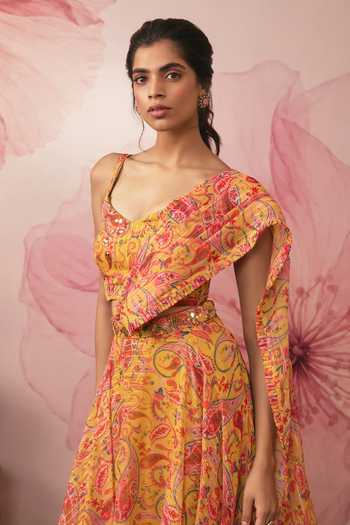 Vana Ethnics Yellow Chiffon, Lurex Sweetheart Neck Paisley Print Draped Lehenga Set Online at Aza Fashions Vana Ethnics_Yellow Chiffon, Lurex Sweetheart Neck Paisley Print Draped Lehenga Set _Online_at_Aza_Fashions
