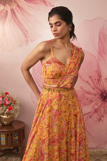 Buy Vana Ethnics Yellow Chiffon, Lurex Sweetheart Neck Paisley Print Draped Lehenga Set Online at Aza Fashions Buy_Vana Ethnics_Yellow Chiffon, Lurex Sweetheart Neck Paisley Print Draped Lehenga Set _Online_at_Aza_Fashions