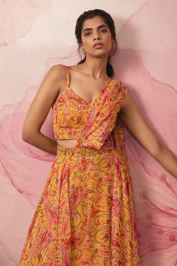 Shop Vana Ethnics Yellow Chiffon, Lurex Sweetheart Neck Paisley Print Draped Lehenga Set Online at Aza Fashions Shop_Vana Ethnics_Yellow Chiffon, Lurex Sweetheart Neck Paisley Print Draped Lehenga Set _Online_at_Aza_Fashions