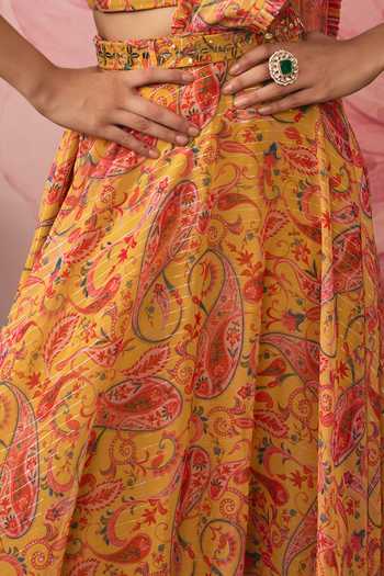 Vana Ethnics Yellow Chiffon, Lurex Sweetheart Neck Paisley Print Draped Lehenga Set at Aza Fashions Vana Ethnics_Yellow Chiffon, Lurex Sweetheart Neck Paisley Print Draped Lehenga Set _at_Aza_Fashions
