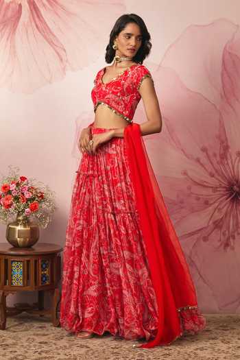 Shop Vana Ethnics Red Chiffon, Lurex V-neck Paisley Print Gathered Lehenga Set Online at Aza Fashions Shop_Vana Ethnics_Red Chiffon, Lurex V-neck Paisley Print Gathered Lehenga Set _Online_at_Aza_Fashions