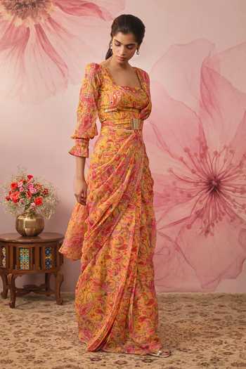 Vana Ethnics Paisley Print Pre-Draped Saree With Blouse