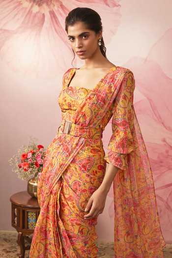 Vana Ethnics Yellow Chiffon, Lurex Square Neck Paisley Print Pre-draped Saree With Blouse Online at Aza Fashions Vana Ethnics_Yellow Chiffon, Lurex Square Neck Paisley Print Pre-draped Saree With Blouse _Online_at_Aza_Fashions