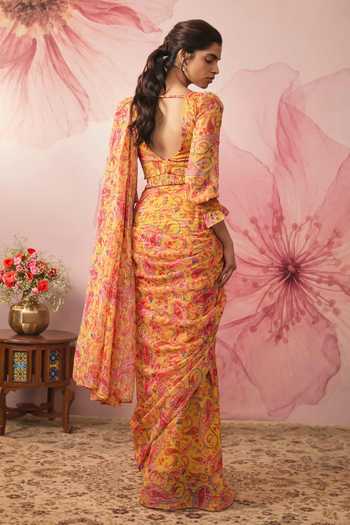 Vana Ethnics Paisley Print Pre-Draped Saree With Blouse
