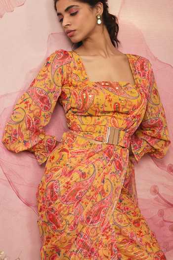 Buy Vana Ethnics Yellow Chiffon, Lurex Square Neck Paisley Print Pre-draped Saree With Blouse Online at Aza Fashions Buy_Vana Ethnics_Yellow Chiffon, Lurex Square Neck Paisley Print Pre-draped Saree With Blouse _Online_at_Aza_Fashions