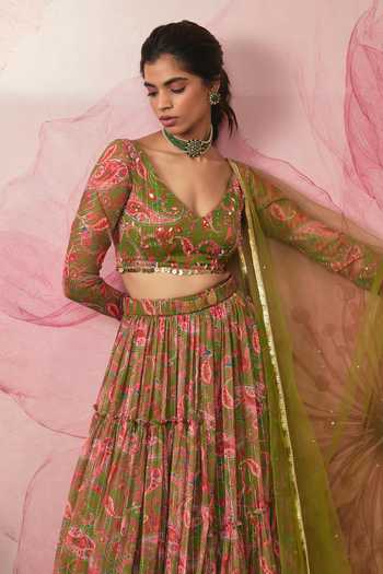 Buy Vana Ethnics Green Chiffon, Lurex V-neck Paisley Print Gathered Lehenga Set Online at Aza Fashions Buy_Vana Ethnics_Green Chiffon, Lurex V-neck Paisley Print Gathered Lehenga Set _Online_at_Aza_Fashions