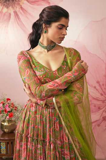 Shop Vana Ethnics Green Chiffon, Lurex V-neck Paisley Print Gathered Lehenga Set Online at Aza Fashions Shop_Vana Ethnics_Green Chiffon, Lurex V-neck Paisley Print Gathered Lehenga Set _Online_at_Aza_Fashions