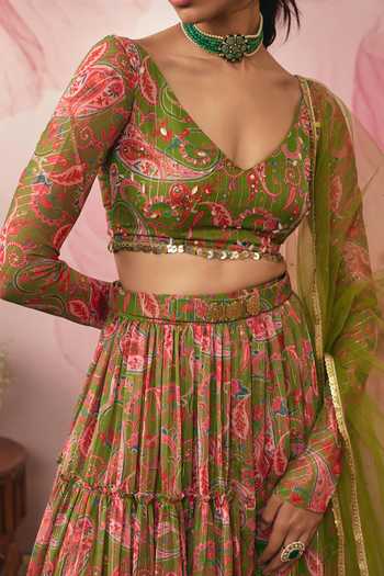 Vana Ethnics Green Chiffon, Lurex V-neck Paisley Print Gathered Lehenga Set at Aza Fashions Vana Ethnics_Green Chiffon, Lurex V-neck Paisley Print Gathered Lehenga Set _at_Aza_Fashions