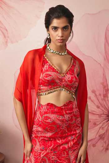 Vana Ethnics Red Chiffon, Lurex V-neck Paisley Print Fish Cut Lehenga Set Online at Aza Fashions Vana Ethnics_Red Chiffon, Lurex V-neck Paisley Print Fish Cut Lehenga Set _Online_at_Aza_Fashions