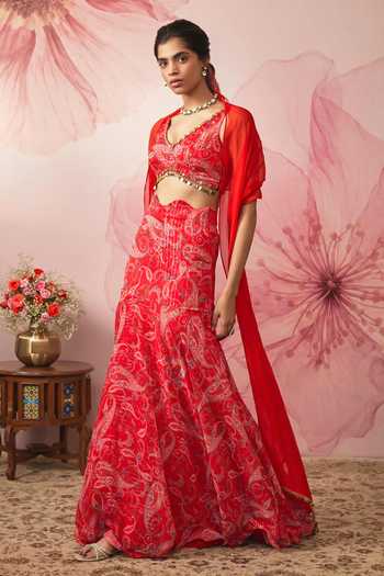 Vana Ethnics Red Paisley Print Fish Cut Lehenga Set