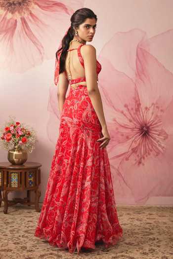 Vana Ethnics Red Paisley Print Fish Cut Lehenga Set