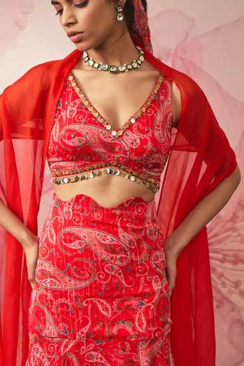 Vana Ethnics Red Chiffon, Lurex V-neck Paisley Print Fish Cut Lehenga Set at Aza Fashions Vana Ethnics_Red Chiffon, Lurex V-neck Paisley Print Fish Cut Lehenga Set _at_Aza_Fashions