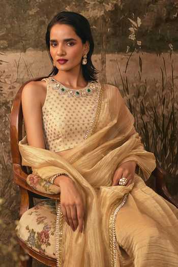 Vana Ethnics Gold Tissue, Jacquard, Shantoon High Metallic Pre-pleated Saree With Blouse Online at Aza Fashions Vana Ethnics_Gold Tissue, Jacquard, Shantoon High Metallic Pre-pleated Saree With Blouse _Online_at_Aza_Fashions