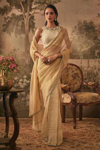 Shop Vana Ethnics Gold Tissue, Jacquard, Shantoon High Metallic Pre-pleated Saree With Blouse Online at Aza Fashions Shop_Vana Ethnics_Gold Tissue, Jacquard, Shantoon High Metallic Pre-pleated Saree With Blouse _Online_at_Aza_Fashions