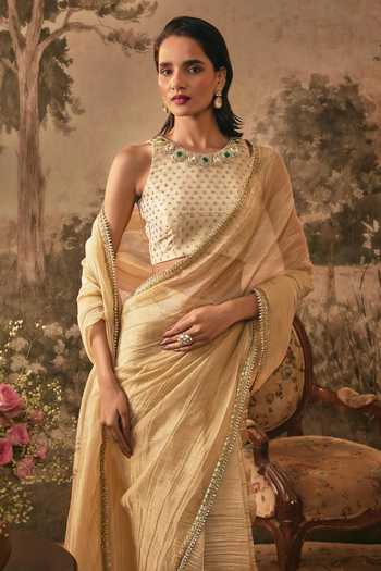 Vana Ethnics Gold Tissue, Jacquard, Shantoon High Metallic Pre-pleated Saree With Blouse at Aza Fashions Vana Ethnics_Gold Tissue, Jacquard, Shantoon High Metallic Pre-pleated Saree With Blouse _at_Aza_Fashions