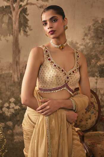 Vana Ethnics Gold Tissue, Jacquard, Shantoon Leaf Metallic Pre-pleated Saree With Blouse Online at Aza Fashions Vana Ethnics_Gold Tissue, Jacquard, Shantoon Leaf Metallic Pre-pleated Saree With Blouse _Online_at_Aza_Fashions