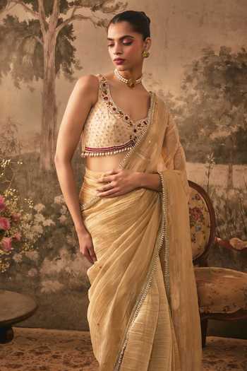 Buy Vana Ethnics Gold Tissue, Jacquard, Shantoon Leaf Metallic Pre-pleated Saree With Blouse Online at Aza Fashions Buy_Vana Ethnics_Gold Tissue, Jacquard, Shantoon Leaf Metallic Pre-pleated Saree With Blouse _Online_at_Aza_Fashions