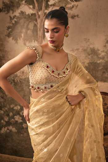 Vana Ethnics Gold Silk, Tissue, Jacquard Sweetheart Pre-draped Saree With Embellished Blouse Online at Aza Fashions Vana Ethnics_Gold Silk, Tissue, Jacquard Sweetheart Pre-draped Saree With Embellished Blouse _Online_at_Aza_Fashions