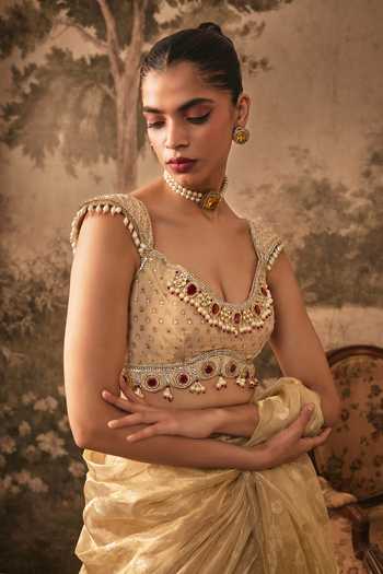 Buy Vana Ethnics Gold Silk, Tissue, Jacquard Sweetheart Pre-draped Saree With Embellished Blouse Online at Aza Fashions Buy_Vana Ethnics_Gold Silk, Tissue, Jacquard Sweetheart Pre-draped Saree With Embellished Blouse _Online_at_Aza_Fashions