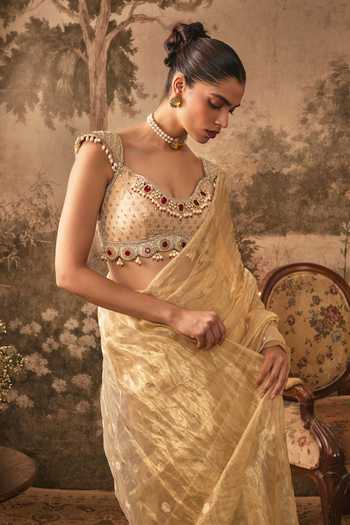 Shop Vana Ethnics Gold Silk, Tissue, Jacquard Sweetheart Pre-draped Saree With Embellished Blouse Online at Aza Fashions Shop_Vana Ethnics_Gold Silk, Tissue, Jacquard Sweetheart Pre-draped Saree With Embellished Blouse _Online_at_Aza_Fashions