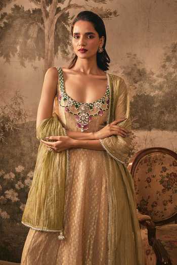 Buy Vana Ethnics Gold Tissue, Jacquard Scoop Neck Muted Embellished Anarkali Set Online at Aza Fashions Buy_Vana Ethnics_Gold Tissue, Jacquard Scoop Neck Muted Embellished Anarkali Set _Online_at_Aza_Fashions