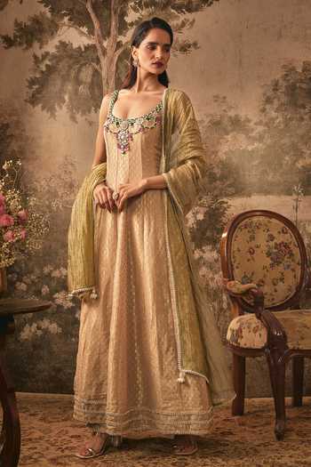 Vana Ethnics Gold Tissue, Jacquard Scoop Neck Muted Embellished Anarkali Set at Aza Fashions Vana Ethnics_Gold Tissue, Jacquard Scoop Neck Muted Embellished Anarkali Set _at_Aza_Fashions