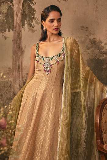 Shop Vana Ethnics Gold Tissue, Jacquard Scoop Neck Muted Embellished Anarkali Set Shop_Vana Ethnics_Gold Tissue, Jacquard Scoop Neck Muted Embellished Anarkali Set