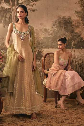 Buy Vana Ethnics Pink Tissue, Jacquard Scoop Neck Blush Anarkali Set Online at Aza Fashions Buy_Vana Ethnics_Pink Tissue, Jacquard Scoop Neck Blush Anarkali Set _Online_at_Aza_Fashions