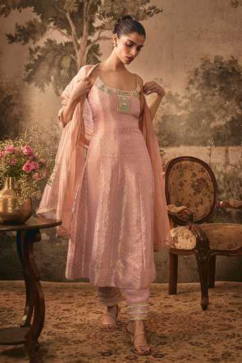 Shop Vana Ethnics Pink Tissue, Jacquard Scoop Neck Blush Anarkali Set Online at Aza Fashions Shop_Vana Ethnics_Pink Tissue, Jacquard Scoop Neck Blush Anarkali Set _Online_at_Aza_Fashions
