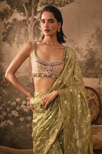 Vana Ethnics Olive Green Silk, Tissue, Metallic Pre-draped Saree With Embellished Blouse Online at Aza Fashions Vana Ethnics_Olive Green Silk, Tissue, Metallic Pre-draped Saree With Embellished Blouse _Online_at_Aza_Fashions