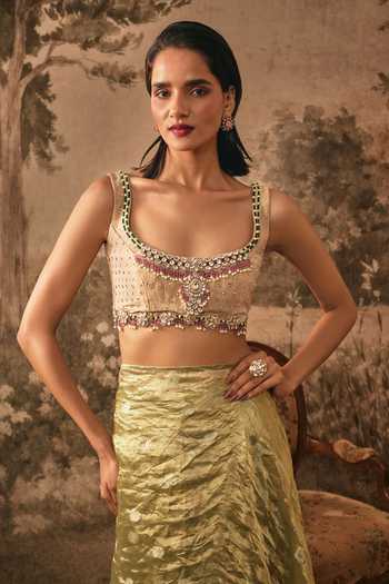 Buy Vana Ethnics Olive Green Silk, Tissue, Metallic Pre-draped Saree With Embellished Blouse Online at Aza Fashions Buy_Vana Ethnics_Olive Green Silk, Tissue, Metallic Pre-draped Saree With Embellished Blouse _Online_at_Aza_Fashions