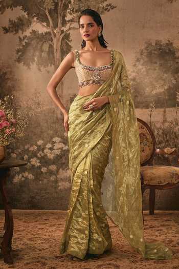 Vana Ethnics Metallic Pre-draped Saree With Embellished Blouse