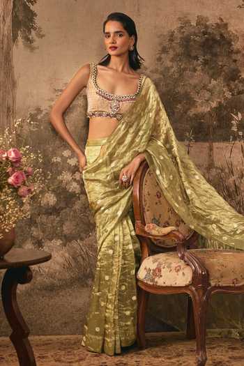Vana Ethnics Olive Green Silk, Tissue, Metallic Pre-draped Saree With Embellished Blouse at Aza Fashions Vana Ethnics_Olive Green Silk, Tissue, Metallic Pre-draped Saree With Embellished Blouse _at_Aza_Fashions