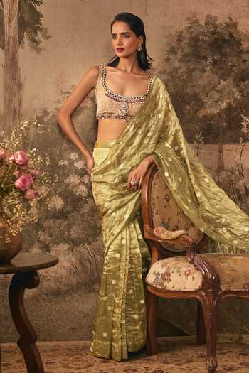 Buy Vana Ethnics Olive Green Silk, Tissue, Metallic Pre-draped Saree With Embellished Blouse Buy_Vana Ethnics_Olive Green Silk, Tissue, Metallic Pre-draped Saree With Embellished Blouse