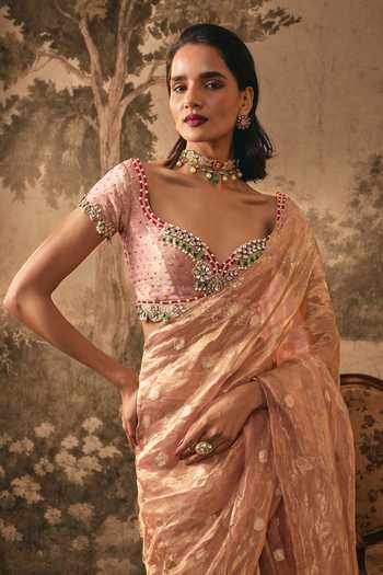 Buy Vana Ethnics Pink Silk Sweetheart Neck Blush Pre-draped Saree With Blouse Online at Aza Fashions Buy_Vana Ethnics_Pink Silk Sweetheart Neck Blush Pre-draped Saree With Blouse _Online_at_Aza_Fashions