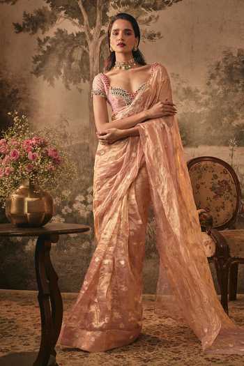 Shop Vana Ethnics Pink Silk Sweetheart Neck Blush Pre-draped Saree With Blouse Online at Aza Fashions Shop_Vana Ethnics_Pink Silk Sweetheart Neck Blush Pre-draped Saree With Blouse _Online_at_Aza_Fashions