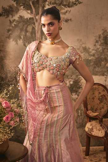 Vana Ethnics Pink Tissue Sweetheart Neck Dusty Rose Metallic Lehenga Set Online at Aza Fashions Vana Ethnics_Pink Tissue Sweetheart Neck Dusty Rose Metallic Lehenga Set _Online_at_Aza_Fashions