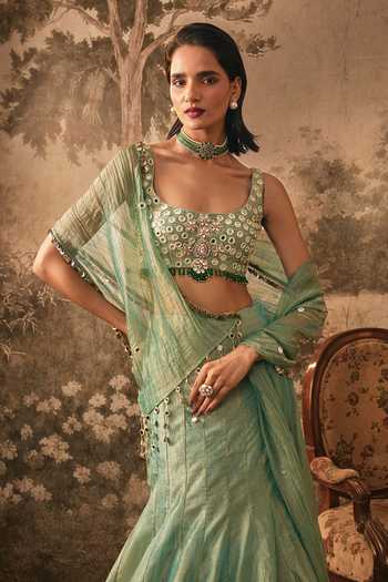 Vana Ethnics Green Tissue Square Neck Jewel Embroidered Lehenga Set Online at Aza Fashions Vana Ethnics_Green Tissue Square Neck Jewel Embroidered Lehenga Set _Online_at_Aza_Fashions