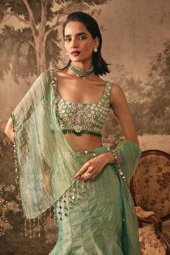 Buy Vana Ethnics Green Tissue Square Neck Jewel Embroidered Lehenga Set Online at Aza Fashions Buy_Vana Ethnics_Green Tissue Square Neck Jewel Embroidered Lehenga Set _Online_at_Aza_Fashions