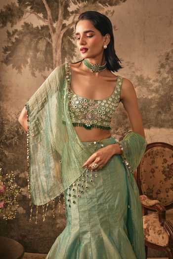 Shop Vana Ethnics Green Tissue Square Neck Jewel Embroidered Lehenga Set Online at Aza Fashions Shop_Vana Ethnics_Green Tissue Square Neck Jewel Embroidered Lehenga Set _Online_at_Aza_Fashions