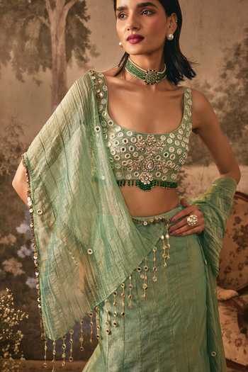 Vana Ethnics Green Tissue Square Neck Jewel Embroidered Lehenga Set at Aza Fashions Vana Ethnics_Green Tissue Square Neck Jewel Embroidered Lehenga Set _at_Aza_Fashions
