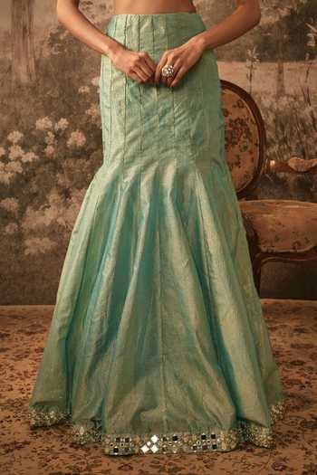 Buy Vana Ethnics Green Tissue Square Neck Jewel Embroidered Lehenga Set Buy_Vana Ethnics_Green Tissue Square Neck Jewel Embroidered Lehenga Set