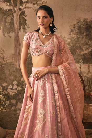 Vana Ethnics Pink Tissue, Jacquard V-neck Blush Banarasi Embroidered Lehenga Set Online at Aza Fashions Vana Ethnics_Pink Tissue, Jacquard V-neck Blush Banarasi Embroidered Lehenga Set _Online_at_Aza_Fashions