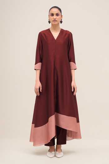 Ampm Red Organza, Chanderi, Satin V-neck Sama Kurta Pant Set Online at Aza Fashions Ampm_Red Organza, Chanderi, Satin V-neck Sama Kurta Pant Set _Online_at_Aza_Fashions