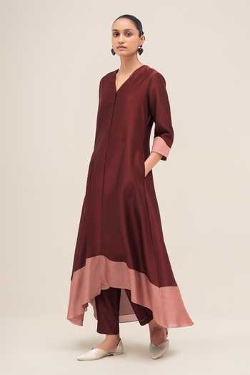 Buy Ampm Red Organza, Chanderi, Satin V-neck Sama Kurta Pant Set Online at Aza Fashions Buy_Ampm_Red Organza, Chanderi, Satin V-neck Sama Kurta Pant Set _Online_at_Aza_Fashions