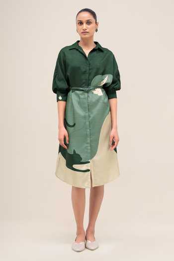 Shop_Ampm_Green Silk Collared Neck Lina Midi Dress _Online_at_Aza_Fashions