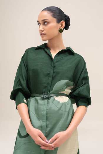 Buy_Ampm_Green Silk Collared Neck Lina Midi Dress 